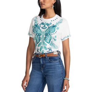 Johnny Was Womens Petite Crewneck T-Shirt, White